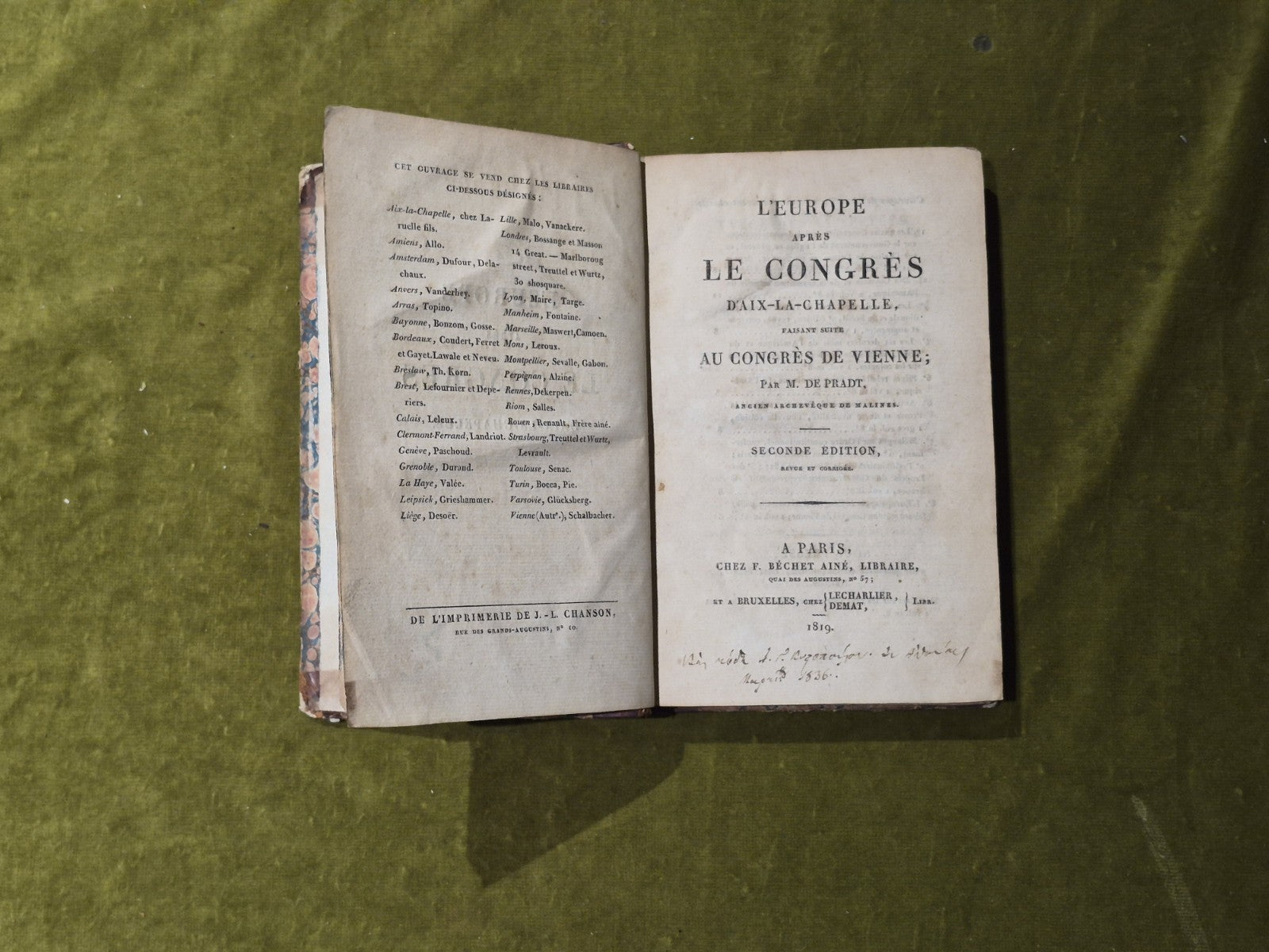 L'Europe après le Congrès d'Aix-la-Chapelle - M De Pradt - Bechet - 1819 2nd HB3