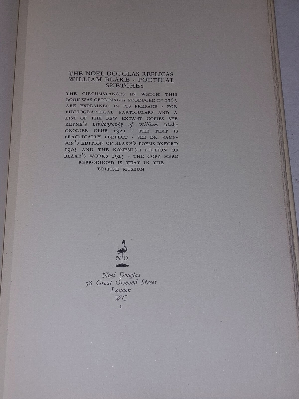 1926 Poetical Sketches By William Blake Noel Douglas Facsimile of the 1783 Ed3