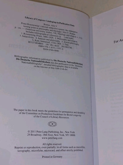 Franz Rosenzweigs Rational Subjective System By Alin Bontas [Peter Lang] 2011 Hb3