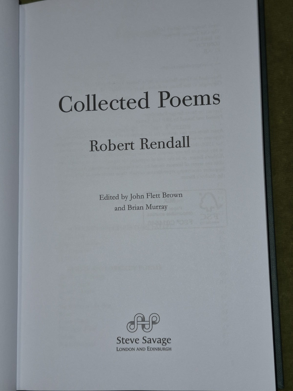 Robert Rendall Collected Poems 2012 HB DJ4