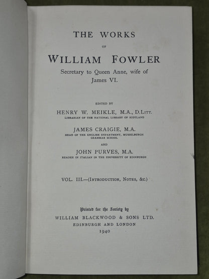 Works of William Fowler Scottish Text Society Complete Set 3 Vols 1914-19394