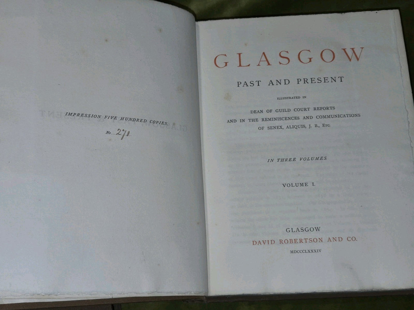 GLASGOW Past & Present - Vol 1-3 - David Robertson & Co 1884 Limited Ed. 271/50013