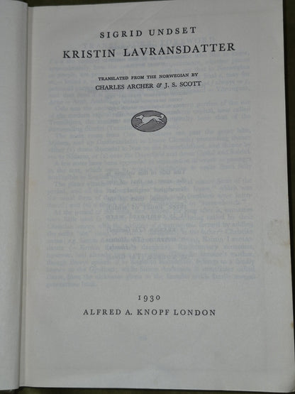 Sigrid Undset Kristin Lavransdatter 1930 Sixth Impression Alfred A Knopf4