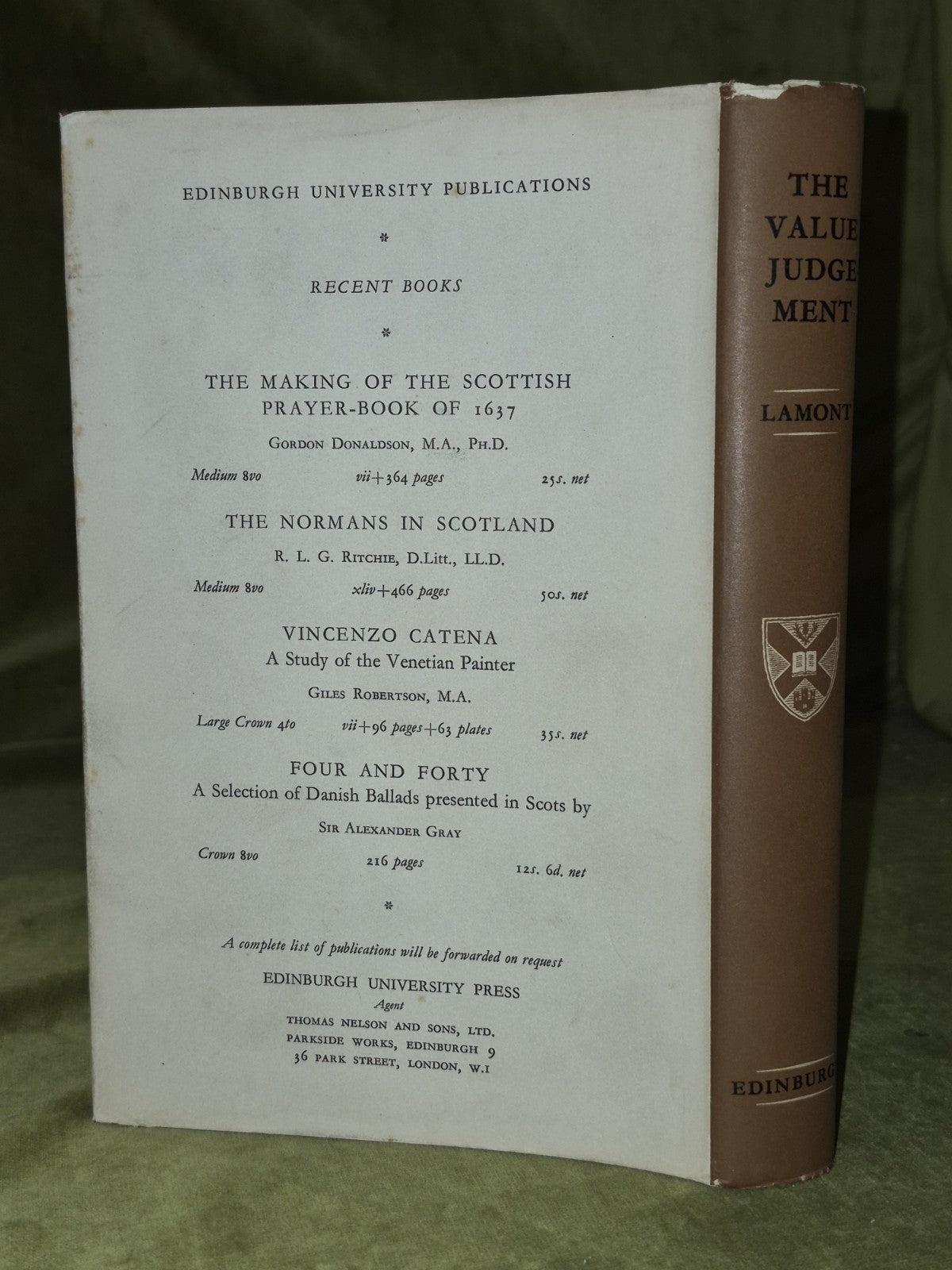 The Value Judgement Lamont Edinburgh University Press 1955 First Edition1