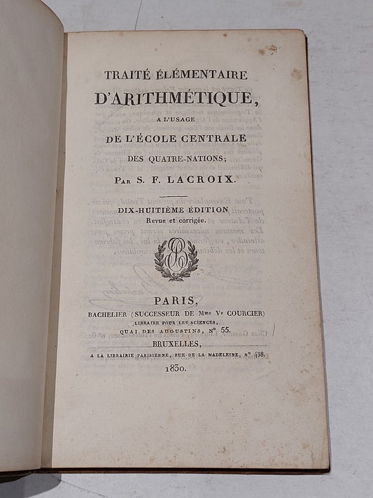 Early 19th Century Book  Traité élémentaire d'Arithmétique (1830) By Lacroix0
