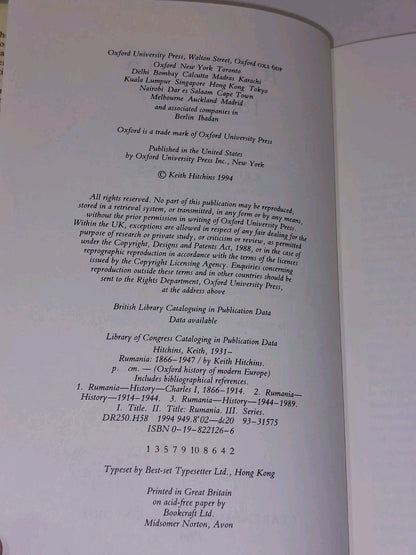 Rumania 1866  1947 By Keith Hitchins (1994) [Oxford] Hb Book4