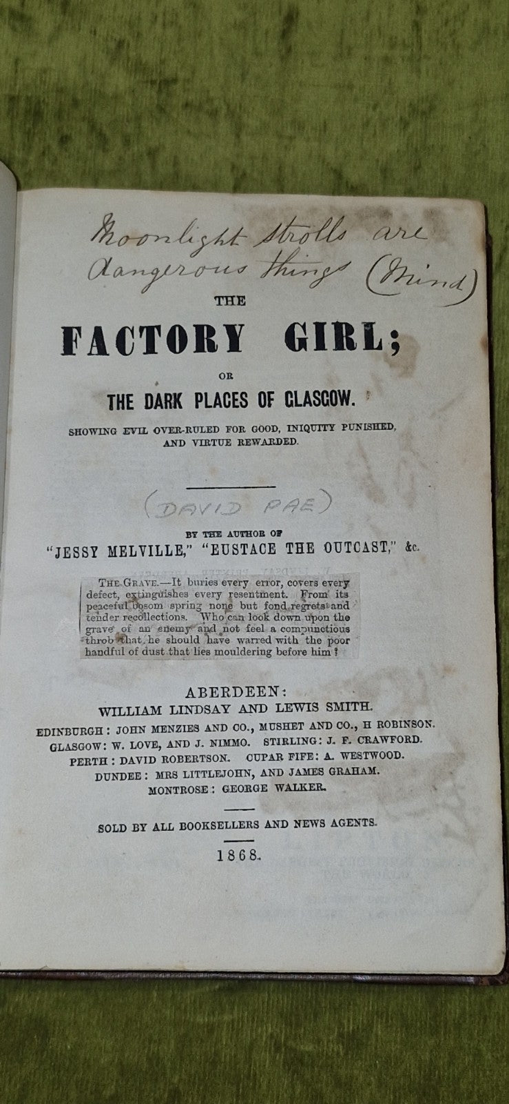 Factory Girl or the Dark Places of Glasgow (1868) by David Pae pub. John Menzies8