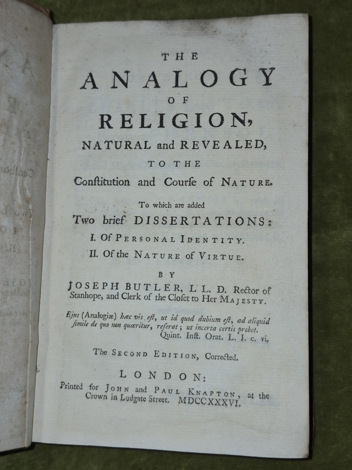 The Analogy of Religion Natural and Revealed Joseph Butler Second Edition 17365