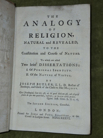 The Analogy of Religion Natural and Revealed Joseph Butler Second Edition 17365