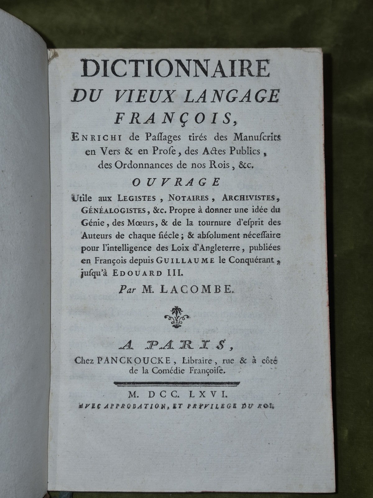 1766 Dictionnaire du Vieux Langage Francois by M. Lacombe4