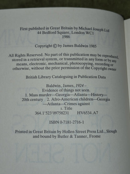 Evidence of Things Not Seen by James Baldwin (UK Hardcover, 1986) First Edition 4