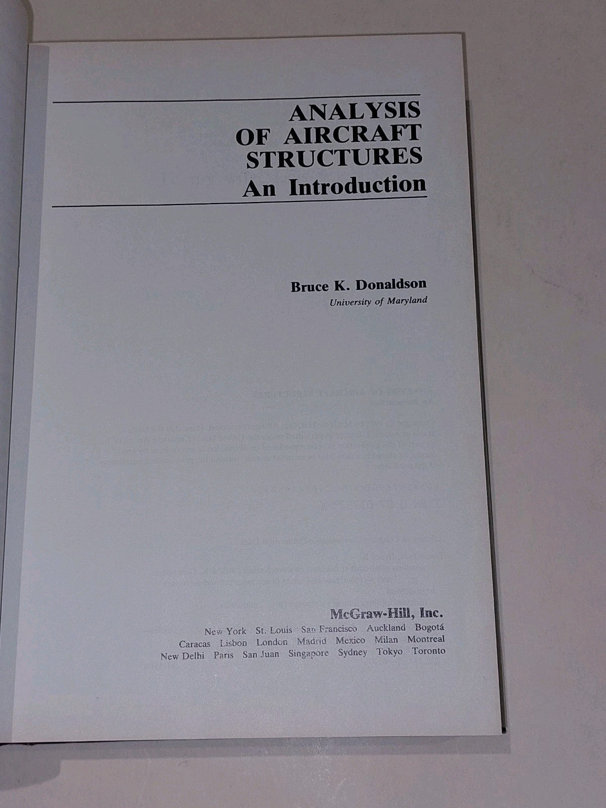 Analysis of Aircraft Structures : An Introduction - Bruce Donaldson (1993) Hb3