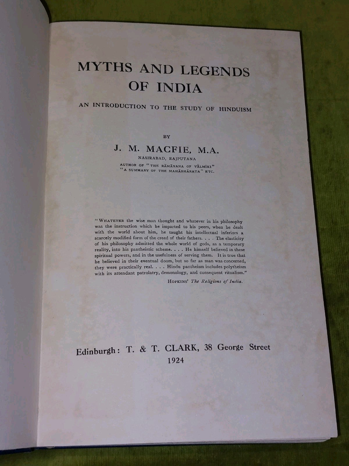 Myths and Legends of India By J.M. Macfie [T & T Clark] (1924) 1st Ed Hb Book2