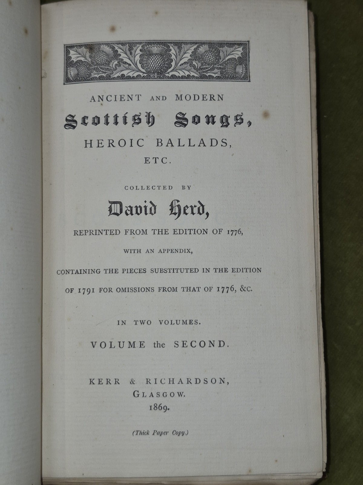 Scottish Songs Heroic Ballads David Herd 1869 Two Volumes Kerr & Richardson 6