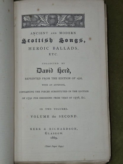 Scottish Songs Heroic Ballads David Herd 1869 Two Volumes Kerr & Richardson 6