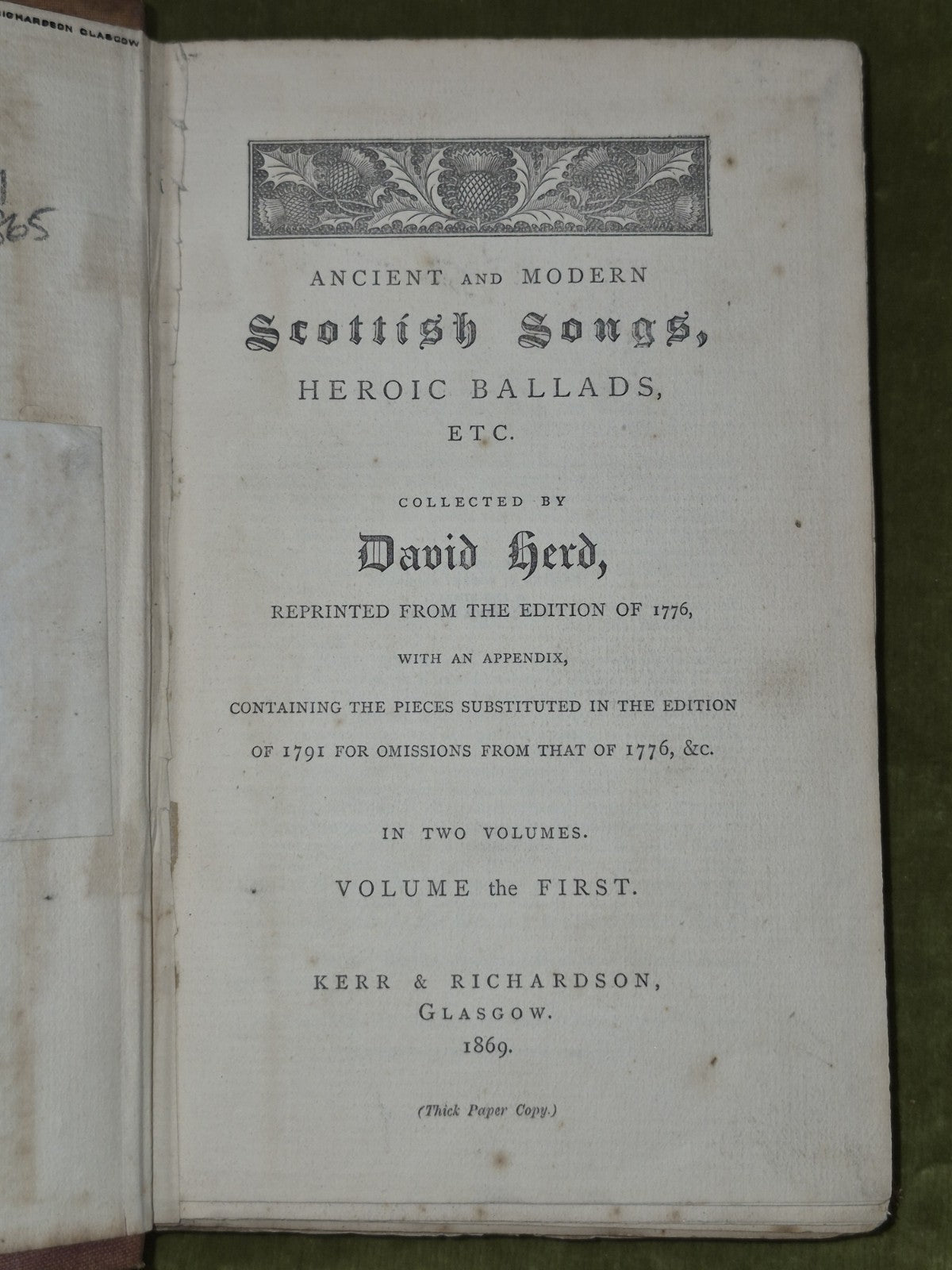 Scottish Songs Heroic Ballads David Herd 1869 Two Volumes Kerr & Richardson 5