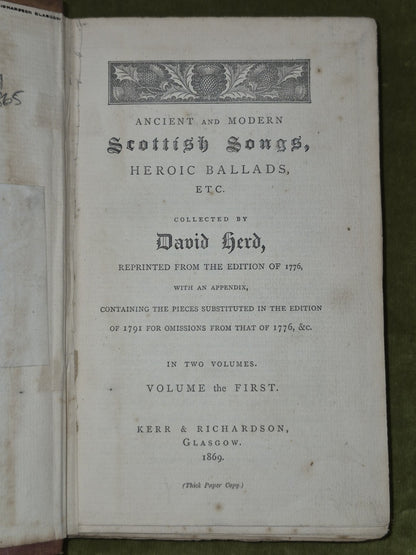 Scottish Songs Heroic Ballads David Herd 1869 Two Volumes Kerr & Richardson 5
