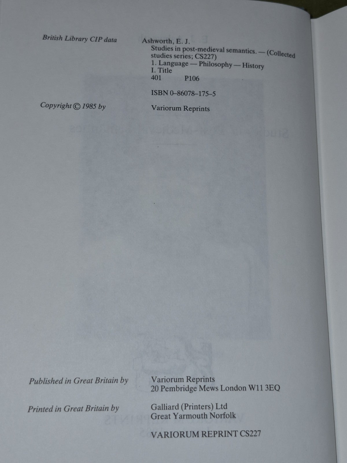 Studies in Post-Medieval Semantics (1985) Ashworth Variorum Reprints4