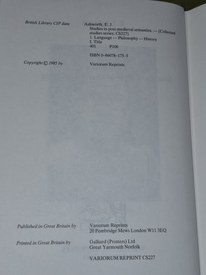 Studies in Post-Medieval Semantics (1985) Ashworth Variorum Reprints4