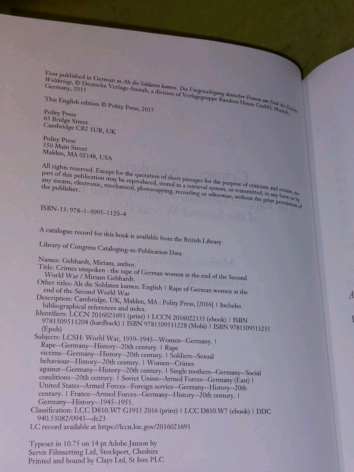 Crimes Unspoken : Rape of German Women at the End of WW2 Miriam Gebhardt 2017 Hb4