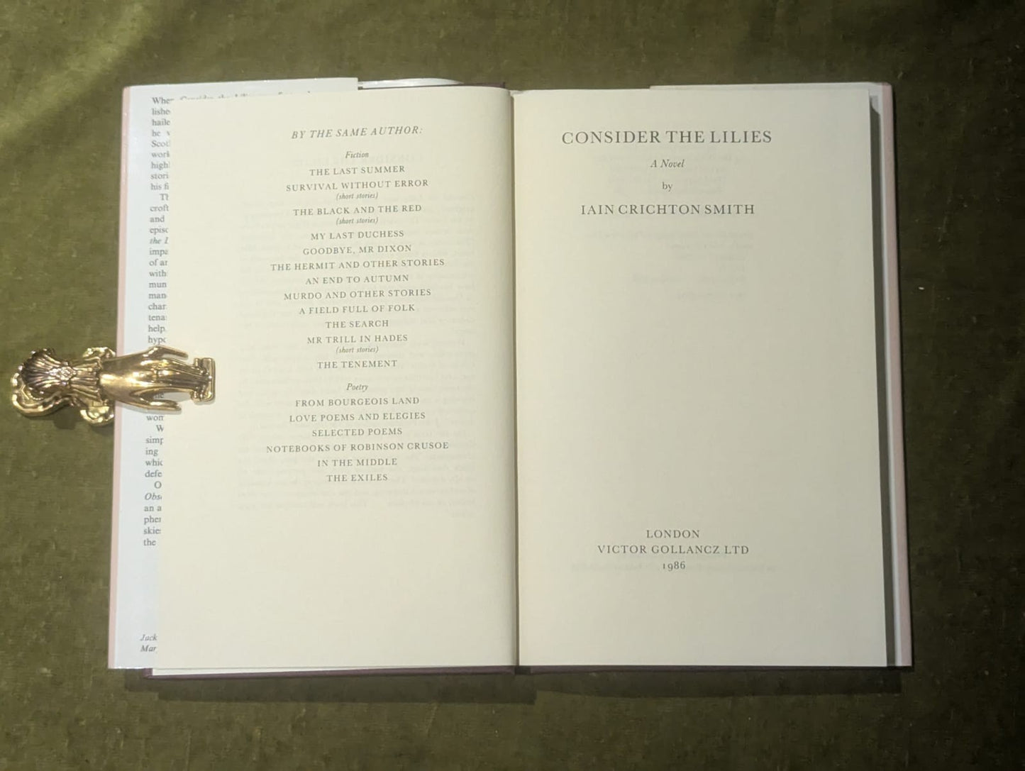 Consider the Lilies - Iain Crichton Smith , Gollancz 1986 Reprint HB DJ3