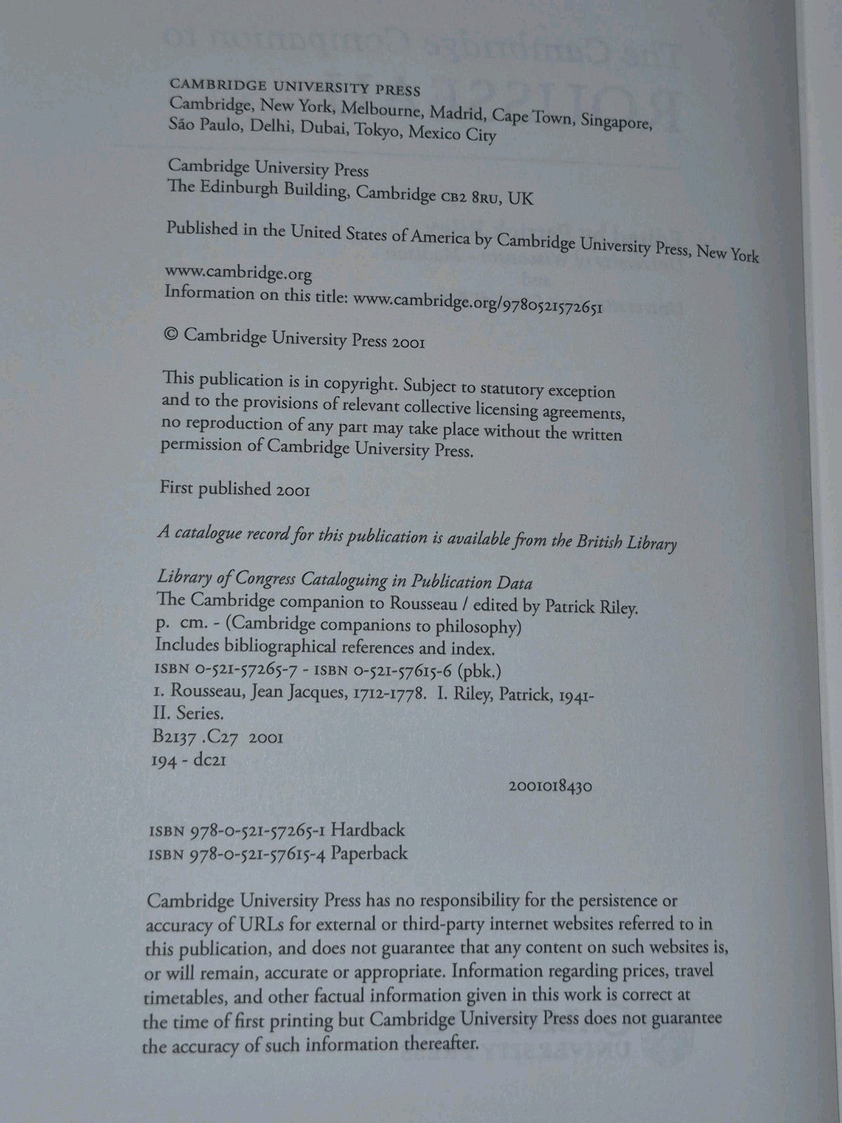 The Cambridge Companion to Rousseau (2001) Hardcover, by Riley Patrick4