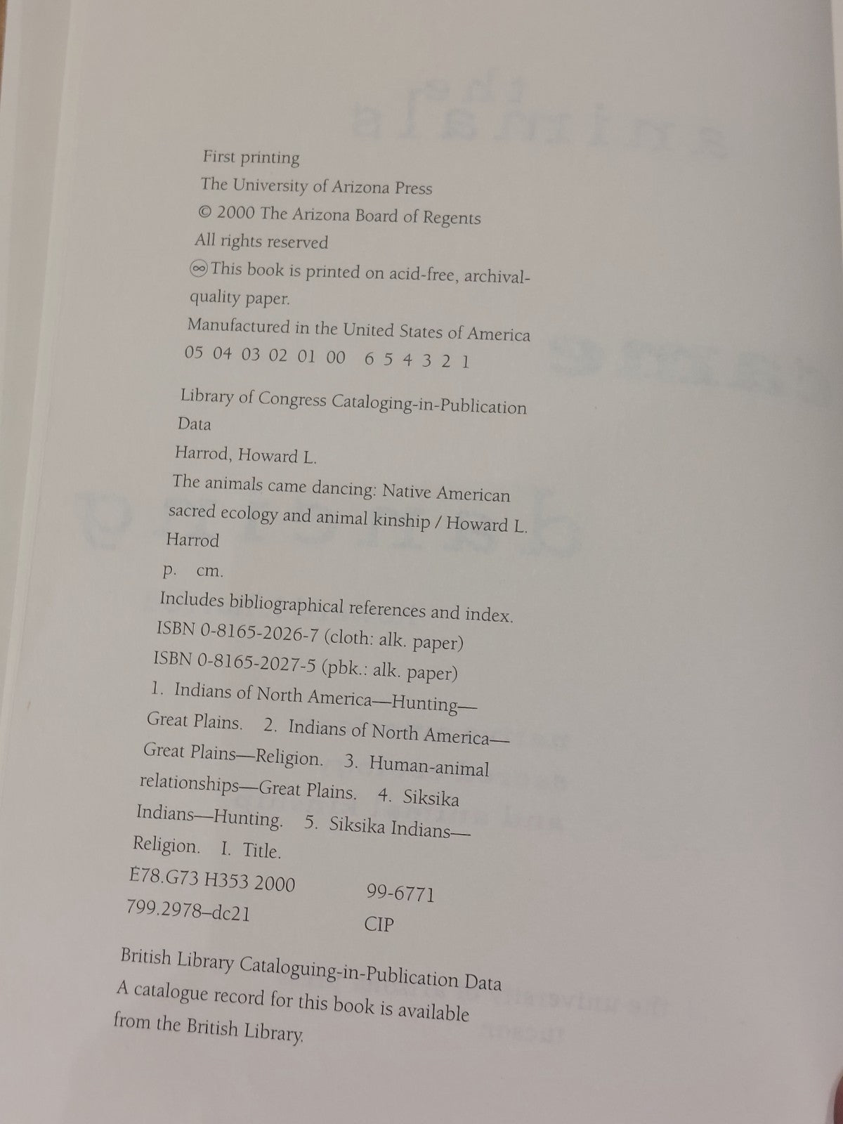 The Animals Came Dancing By Howard Harrod [University Of Arizona Press] Hb 20002