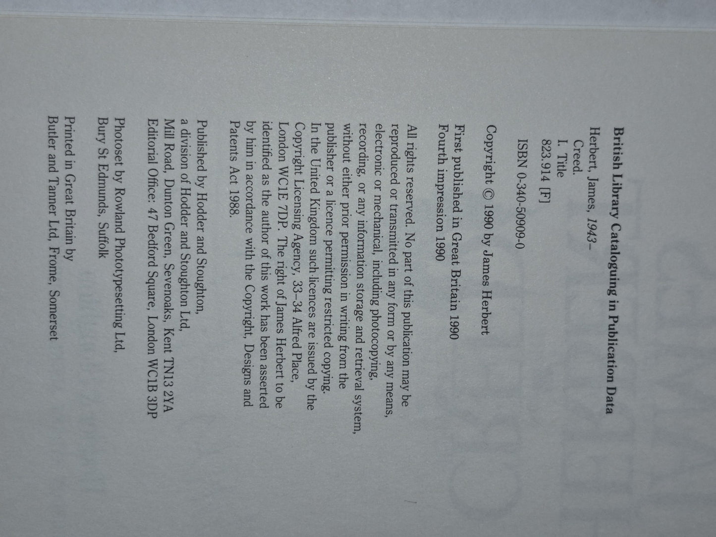 Creed - SIGNED by James Herbert , Hodder & Stoughton 1990 1st HB DJ4