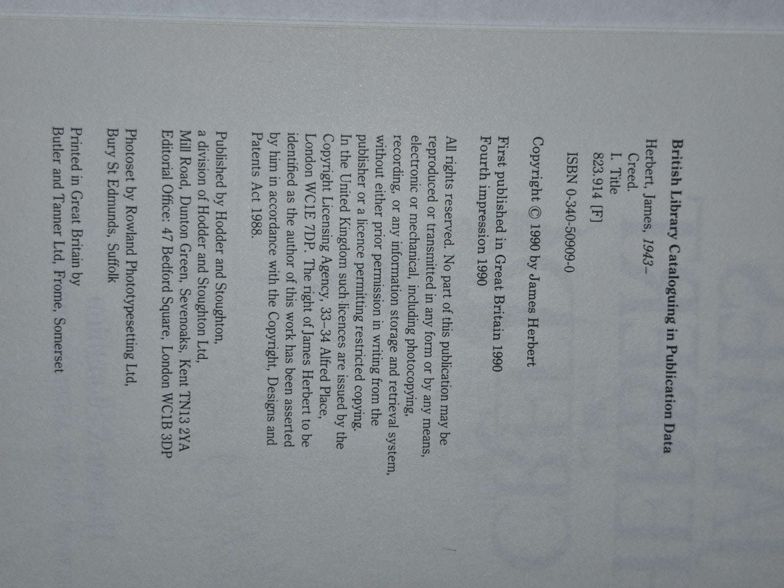 Creed - SIGNED by James Herbert , Hodder & Stoughton 1990 1st HB DJ4