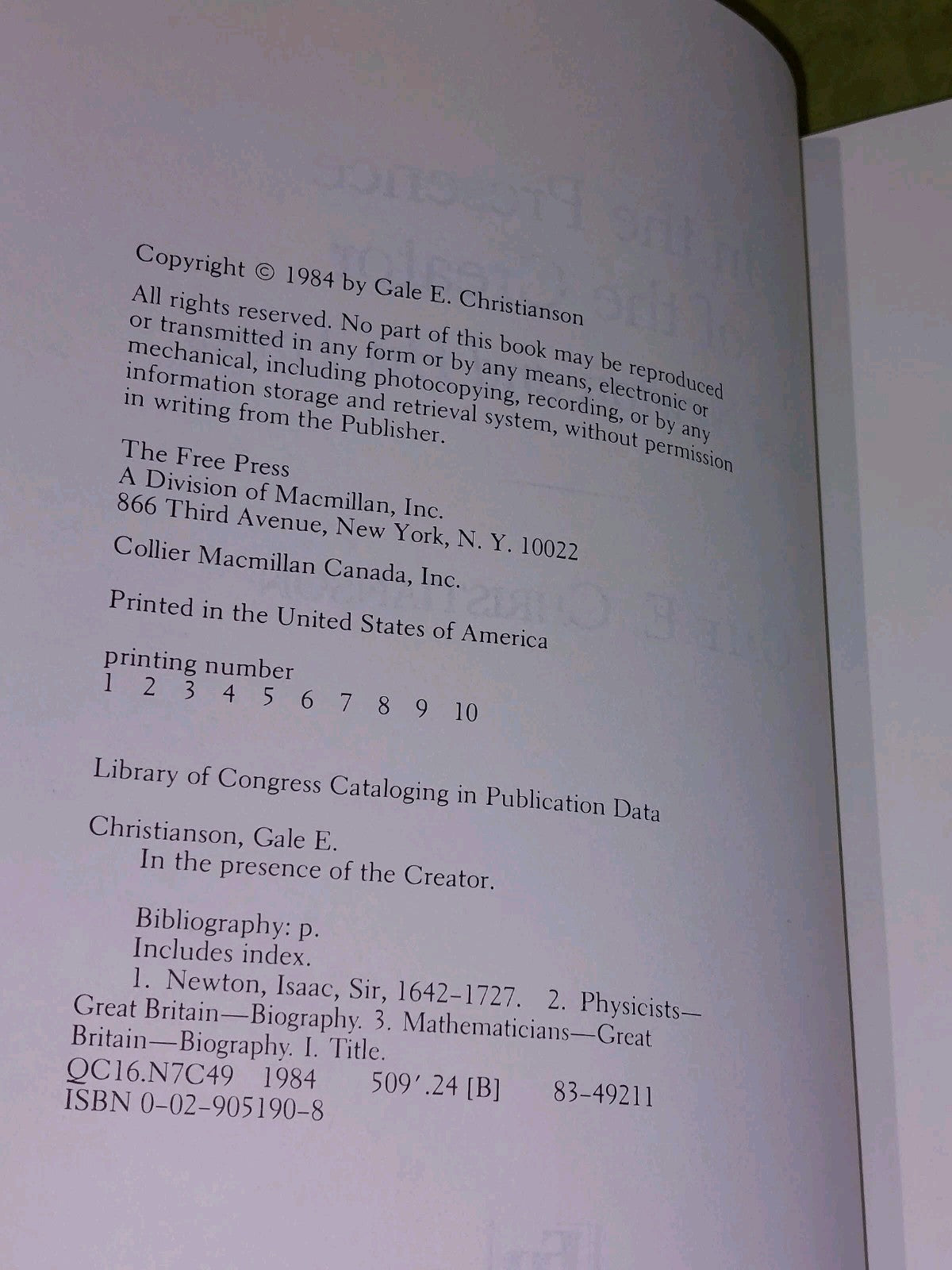 In the Presence of the Creator by Gale E. Christianson 1984 Isaac Newton Free Pr3