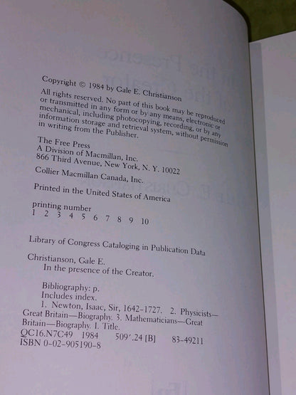 In the Presence of the Creator by Gale E. Christianson 1984 Isaac Newton Free Pr3