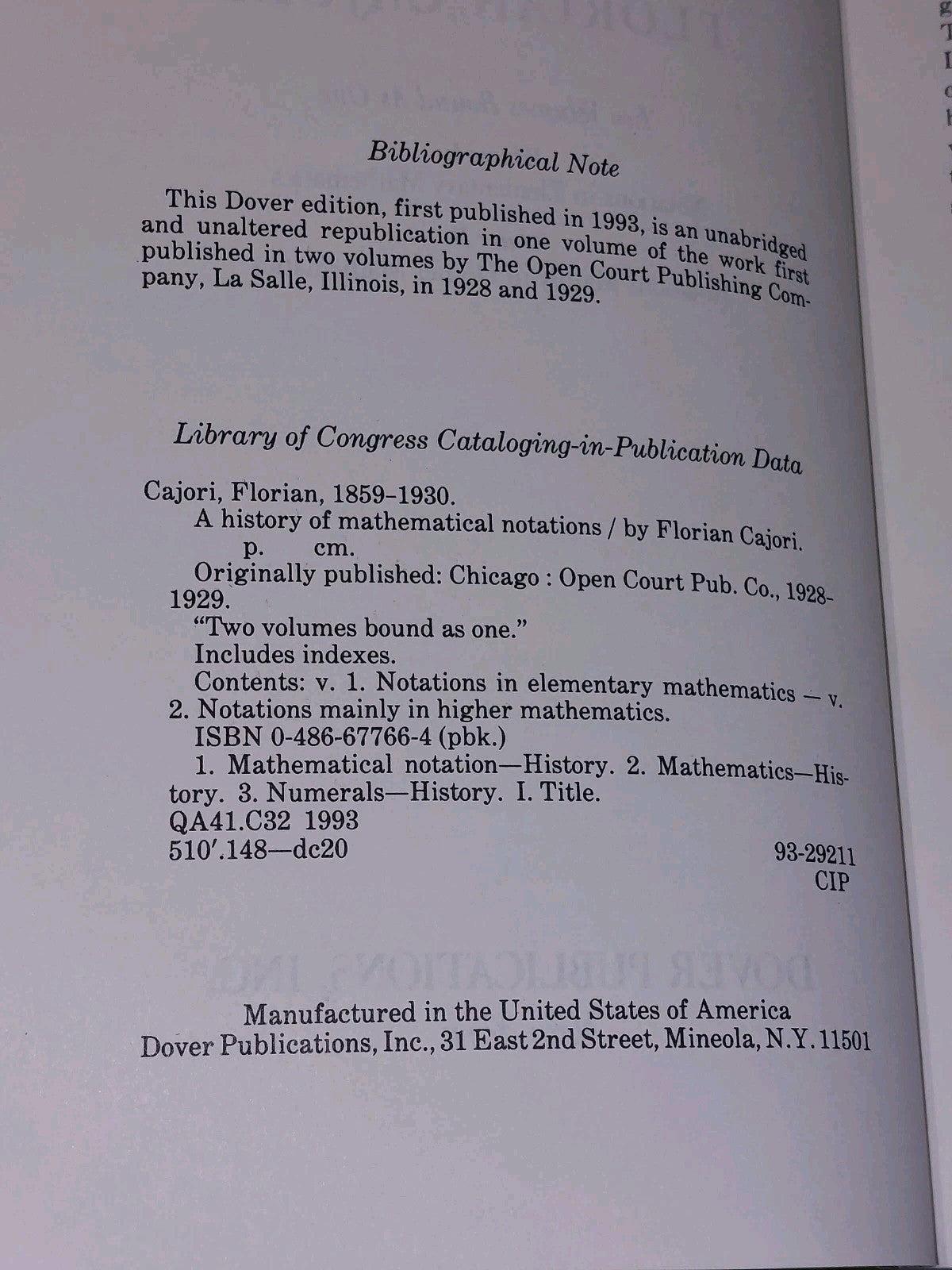 Dover Books on Mathematics Ser.: History of Mathematical Notations : Two Volumes3