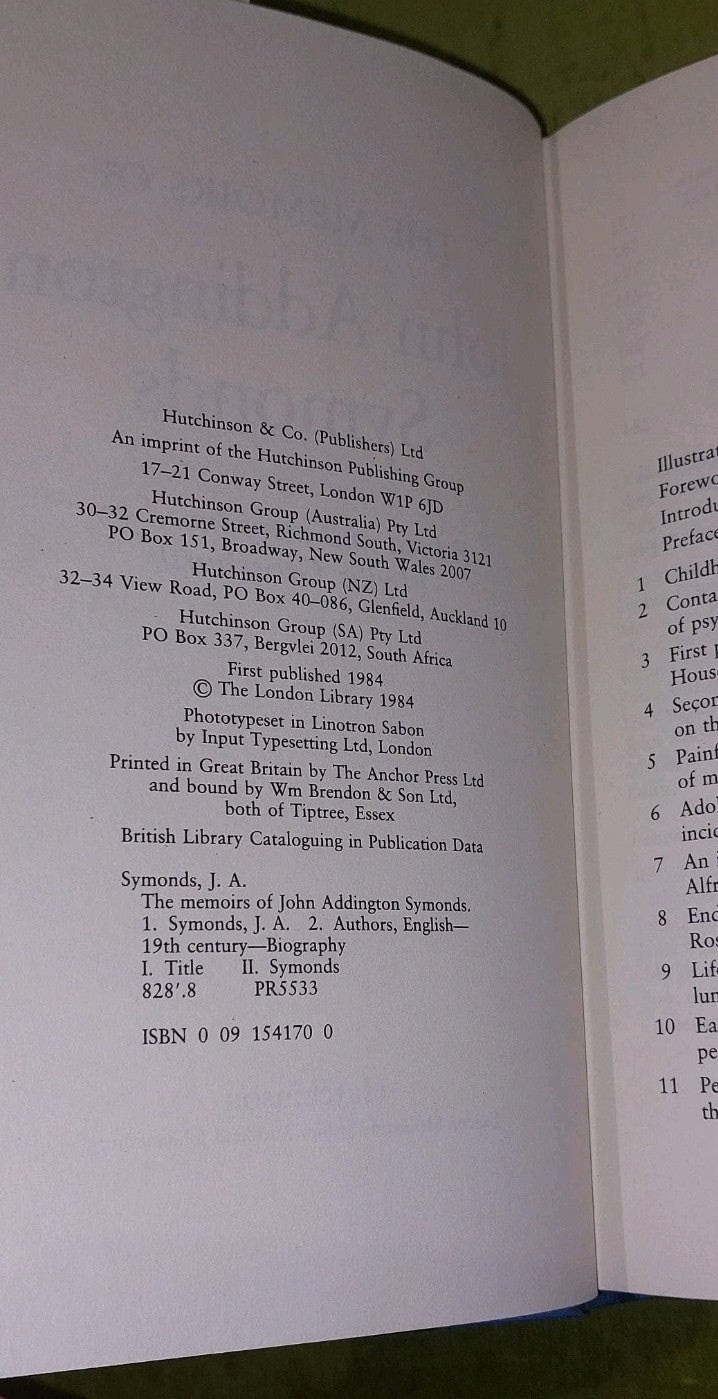 The Memoirs Of John Addington Symonds [Hutchinson] 1984 Hb Book 4