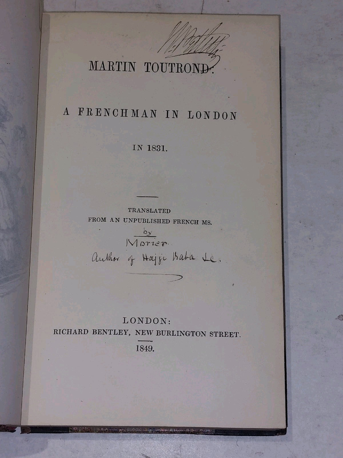 Martin Toutrond; or, Adventures of a Frenchman in London; James Morier (1849) Hb2