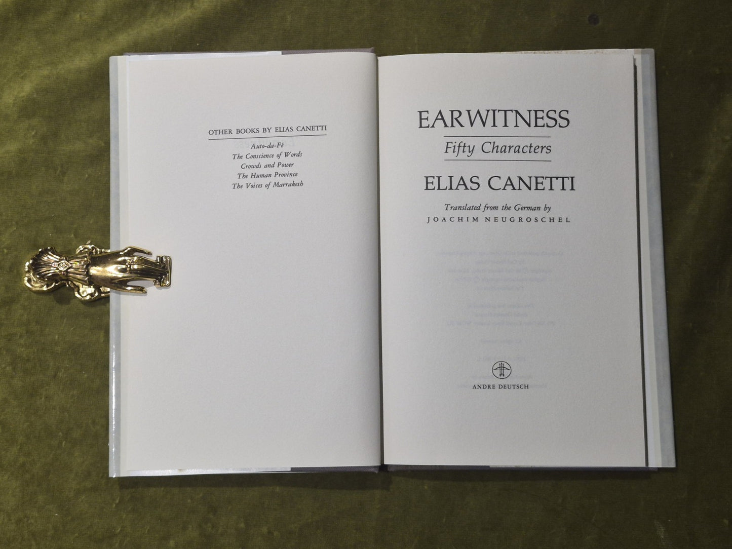 Earwitness: Fifty Characters - Elias Canetti - Andre Deutsch 1979 HB DJ4