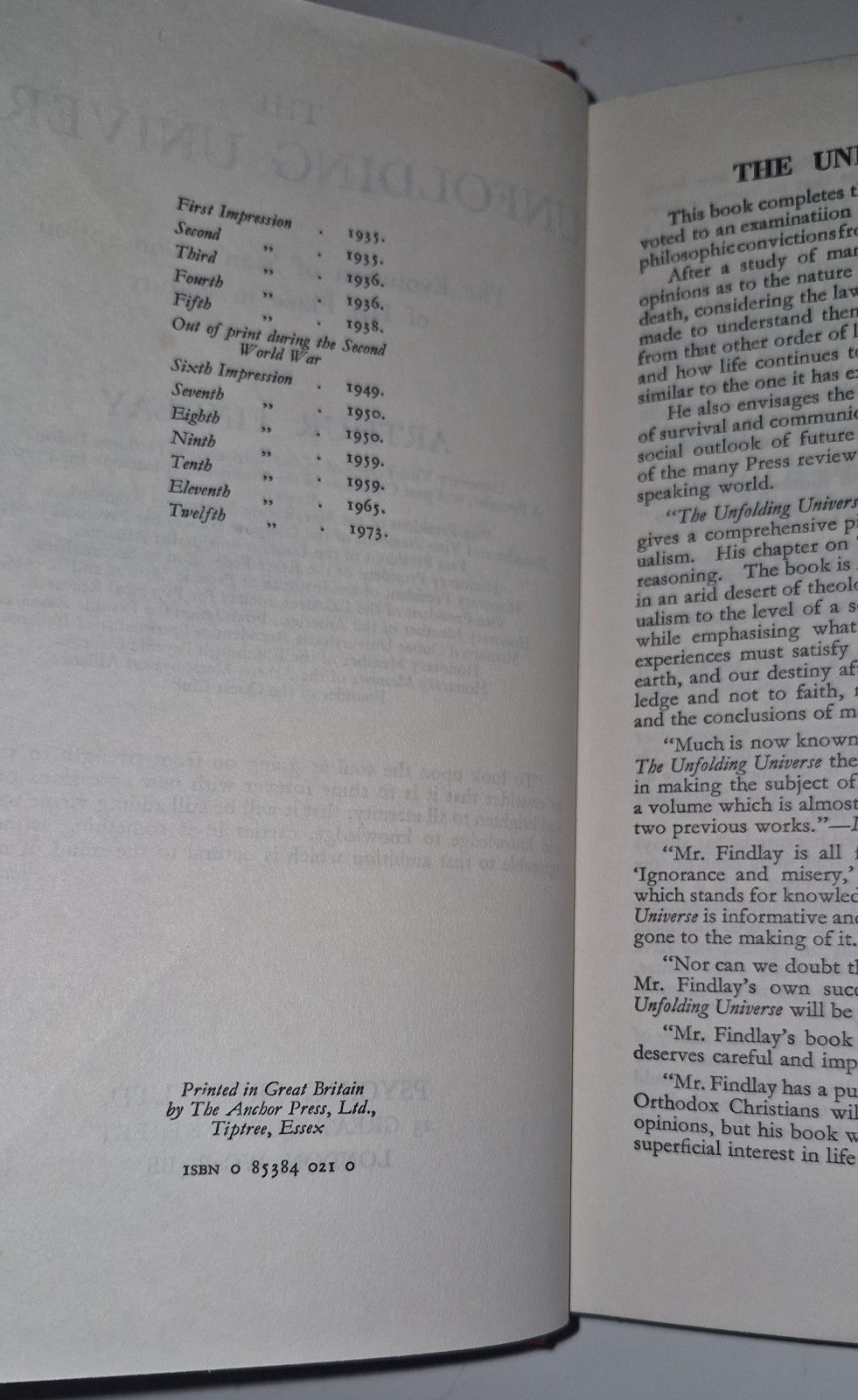 The Unfolding Universe, Findlay, J.Arthur, Psychic Press Ltd, 12th Imp. 1973 HB4