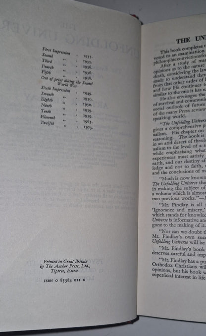 The Unfolding Universe, Findlay, J.Arthur, Psychic Press Ltd, 12th Imp. 1973 HB4