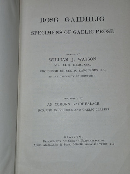 Rosg Gaidhlig Specimens of Gaelic Prose 1929 William Watson Second Edition4