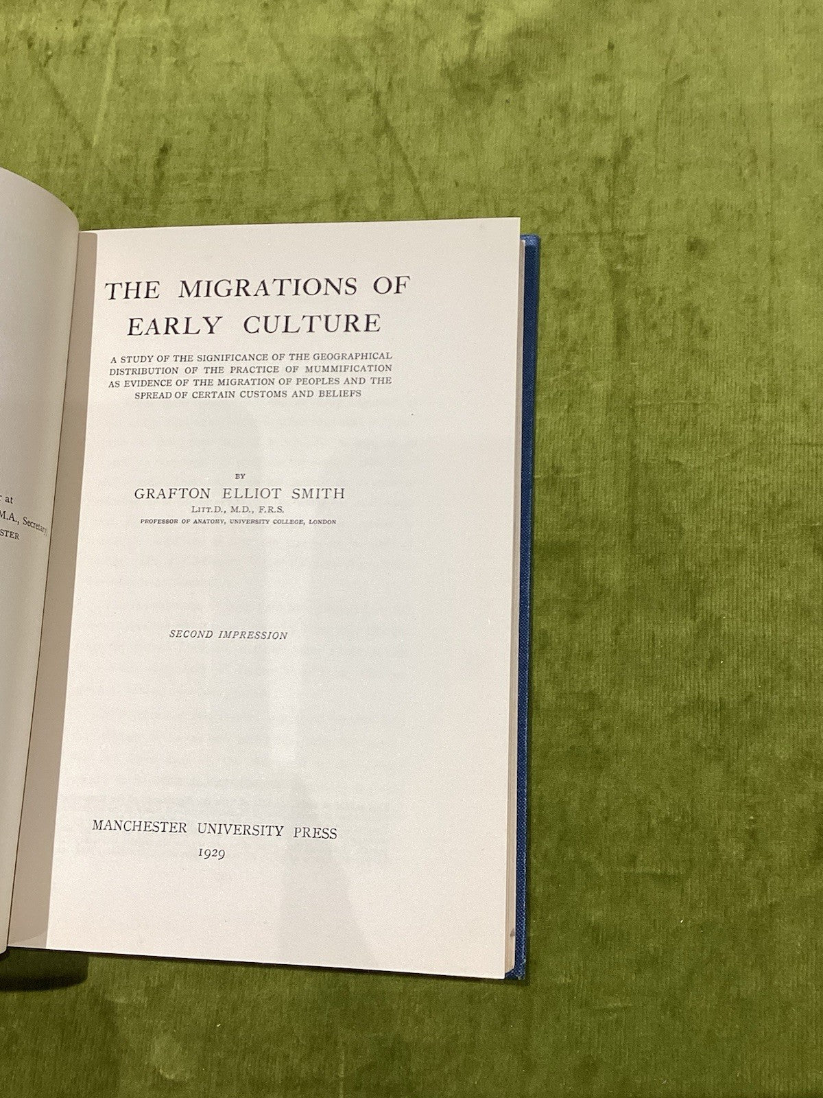 The Migrations Of Early Culture by Elliot Smith [Manchester Uni Press] 1929 hb2
