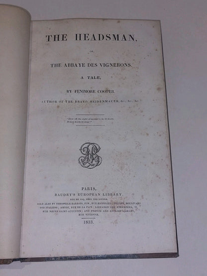 The Headsman By Fenimore Cooper (1833) Quarter Leather Hb3