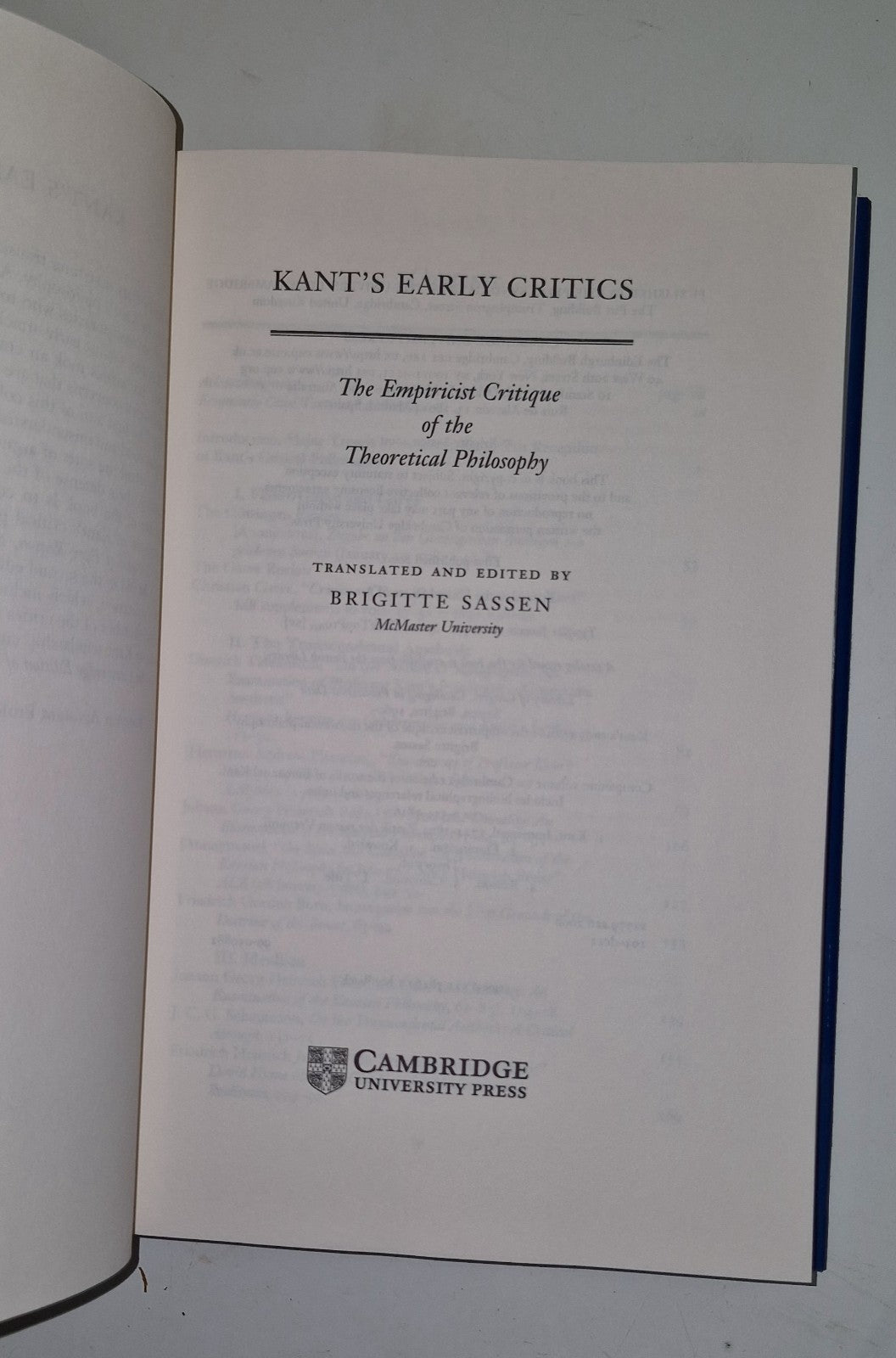 Kant's Early Critics : Empiricist Critique of the Theoretical Philosophy 2000  3