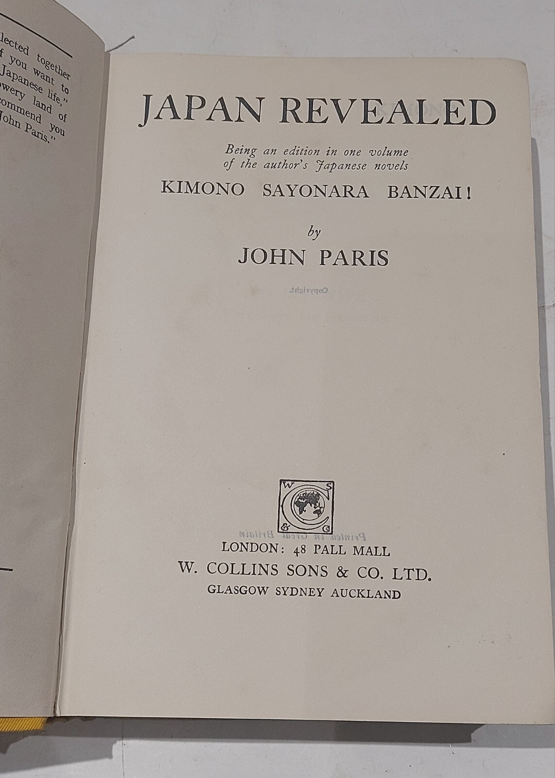 Japan Revealed By John Paris, 1st Edition, Collins Sons & Co2