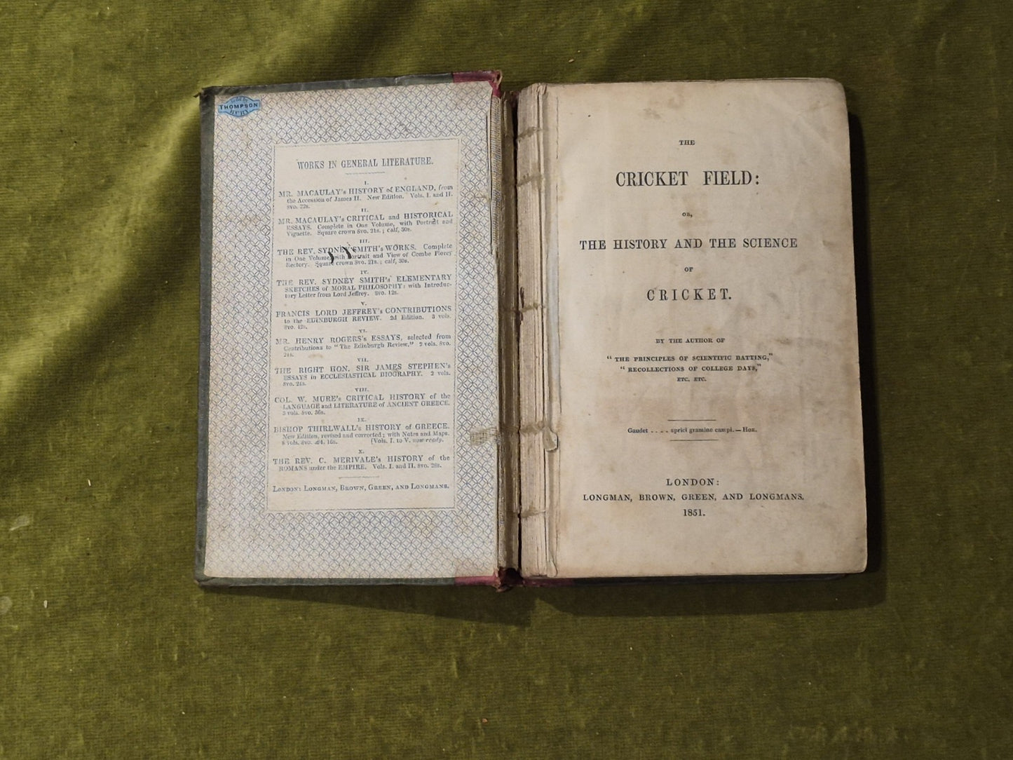 The Cricket Field or the History and Science of Cricket - James Pycroft 1951 1st2