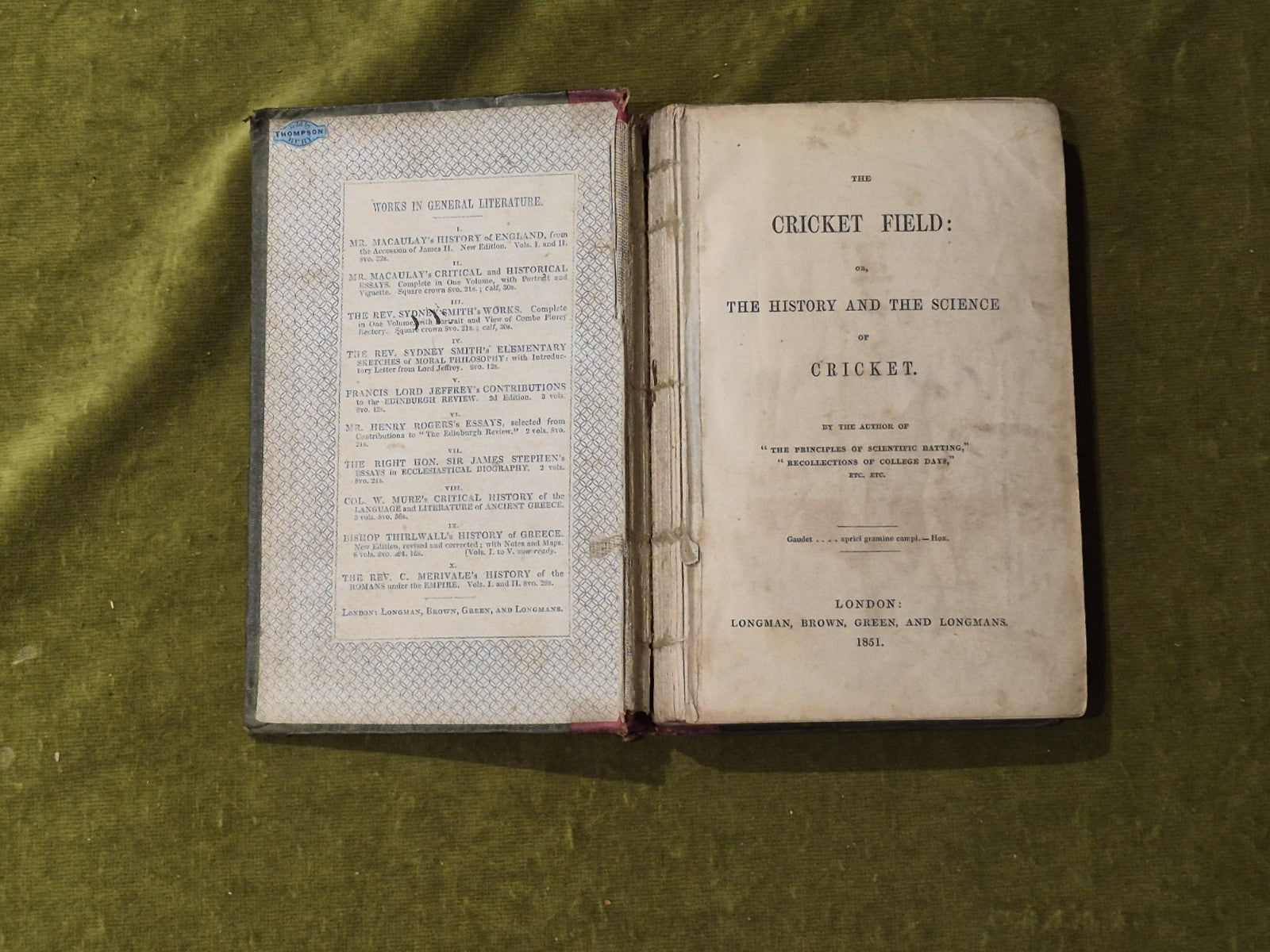 The Cricket Field or the History and Science of Cricket - James Pycroft 1951 1st2