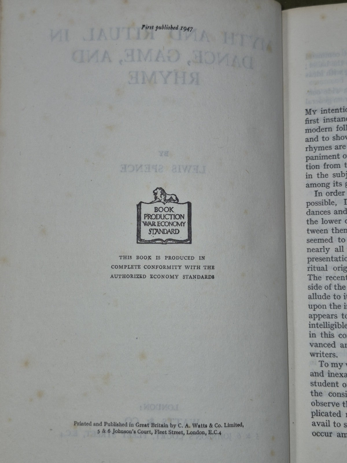 Myth And Ritual In Dance,  Game, And Rhyme - Lewis Spence. 1947.5