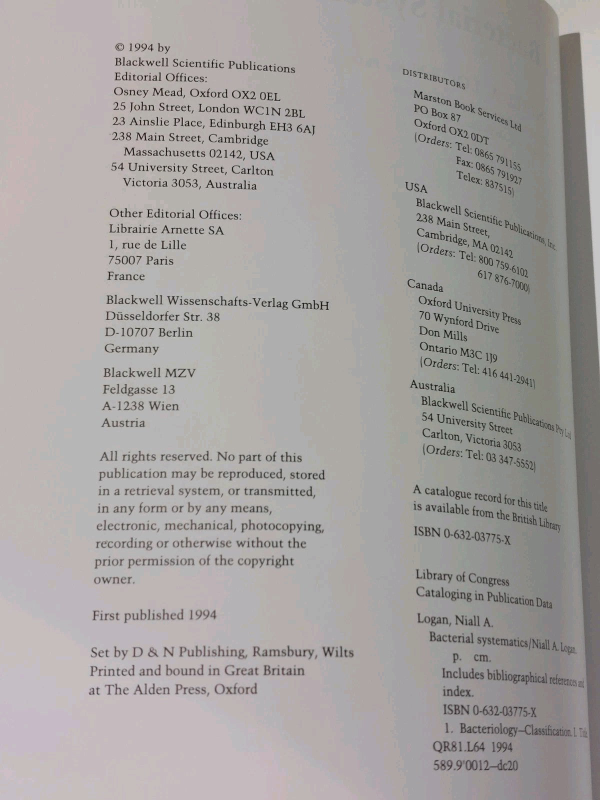 Bacterial Systematics by N. A. Logan [Blackwell Scientific Pub] 1st Ed 1994 Pb 4