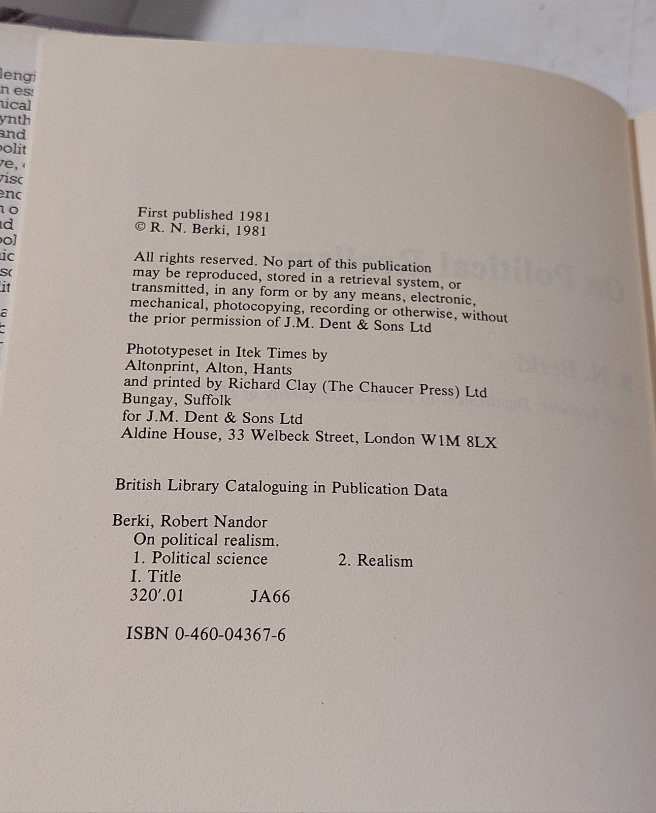On Political Realism By Robert Nandor Berki (1981) Hb Book2