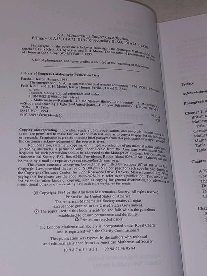 The Emergence of the American Mathematical Research Community, 18761900, Vol. 84