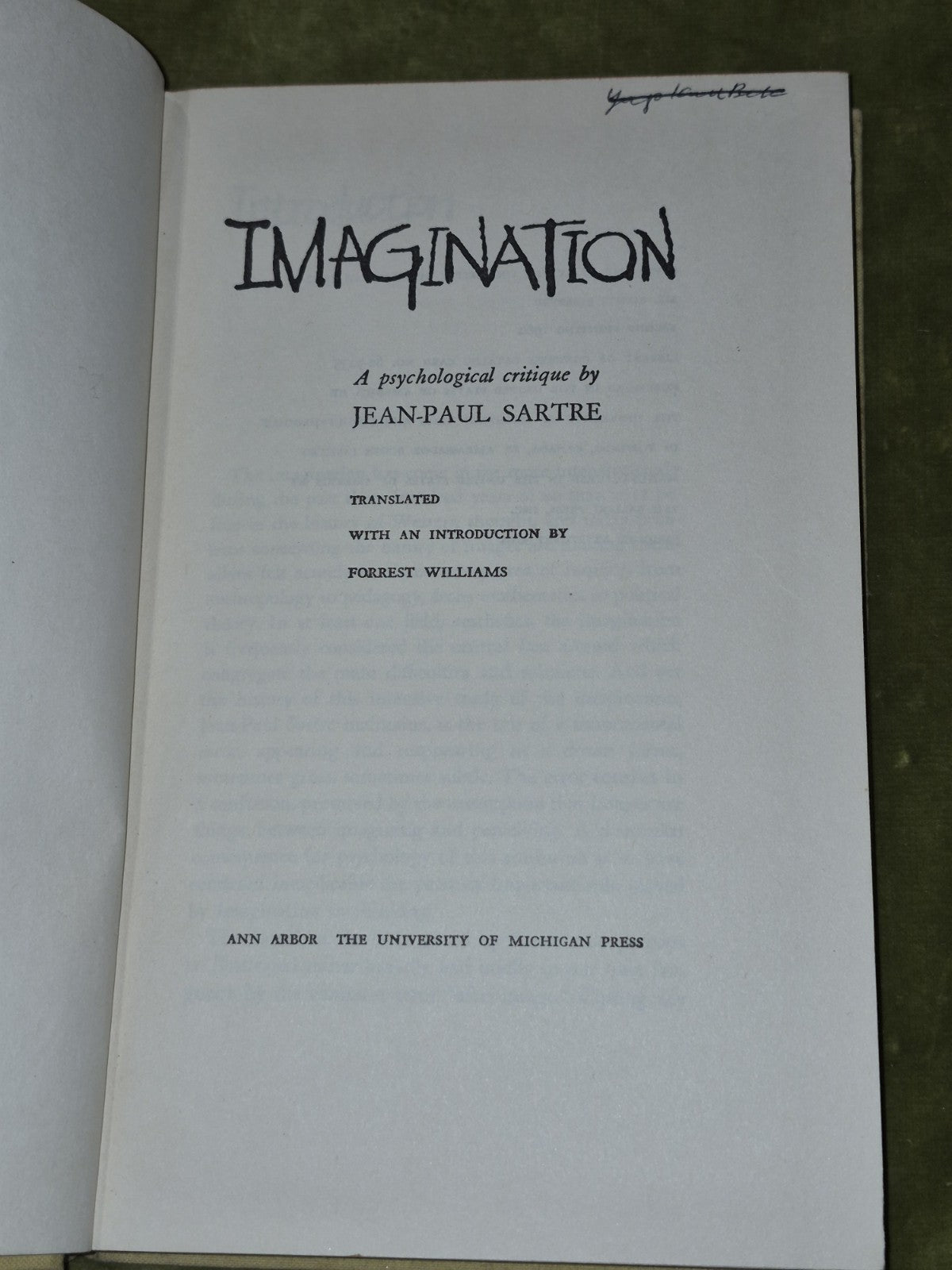 Imagination by Jean-Paul Sartre 1962 Hardcover The University of Michigan Press5