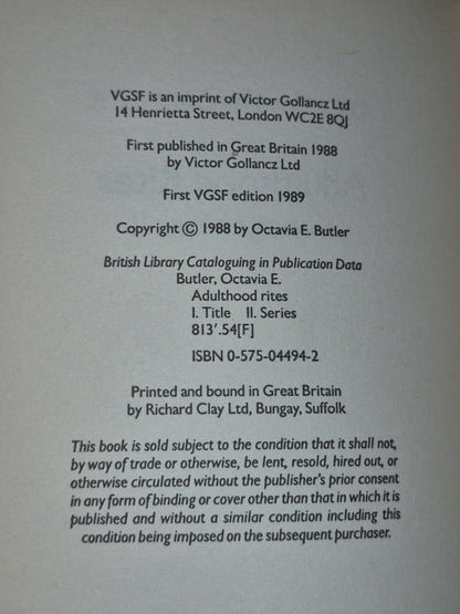 Dawn Rites Imago - Xenogenesis Trilogy  Octavia Butler - VGSF, 1988/89/906